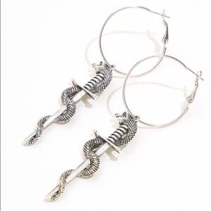 Y2K Biker Goth Rock Silver Sword & Serpent Hoop Dangle Earrings